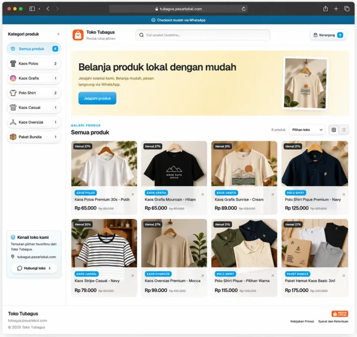 Tampilan katalog toko Pasar Lokal dengan kategori, pencarian, dan keranjang